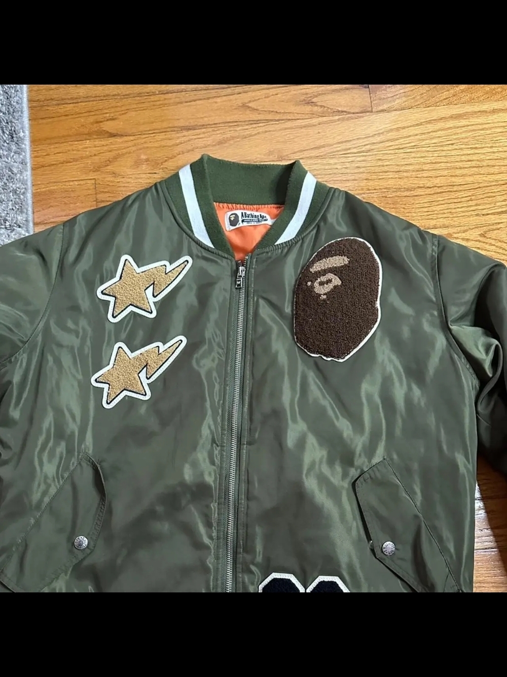 Bathing Ape Olive Green Patchwork Bomber Jacket